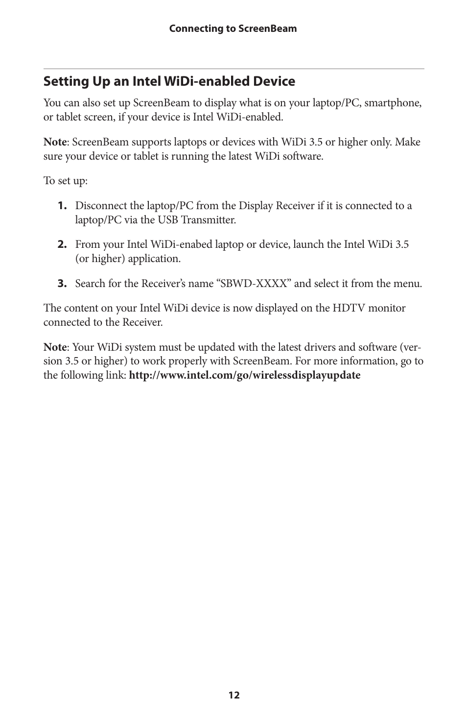 Setting up an intel widi-enabled device, Setting up an intel® widi-enabled device | Actiontec SBWD100A, SBT100U User Manual User Manual | Page 14 / 31