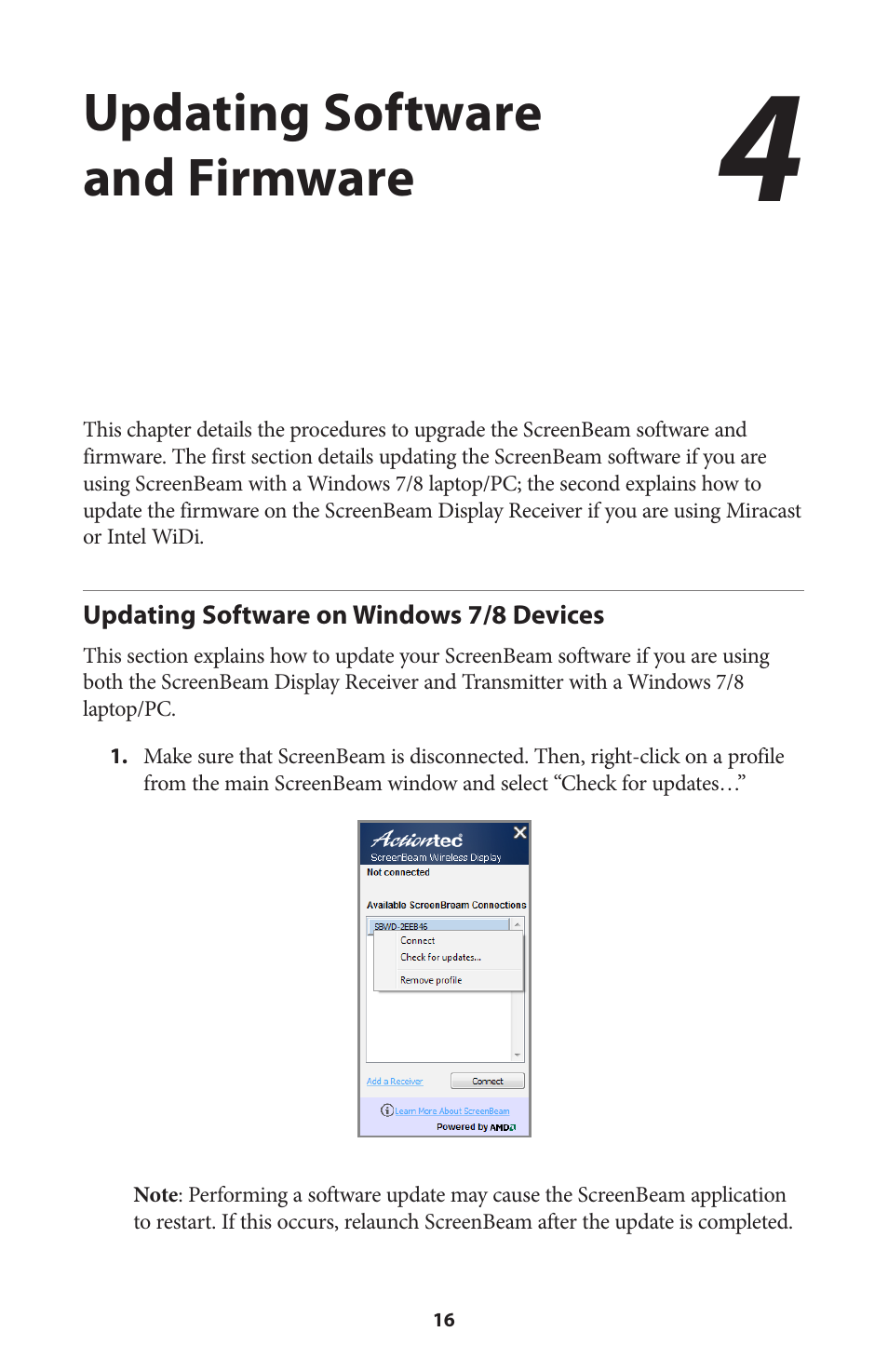 Updating the screenbeam software, Updating software on windows 7/8 devices, Updating software and firmware | Actiontec SBWD100A, SBT100U User Manual User Manual | Page 18 / 31
