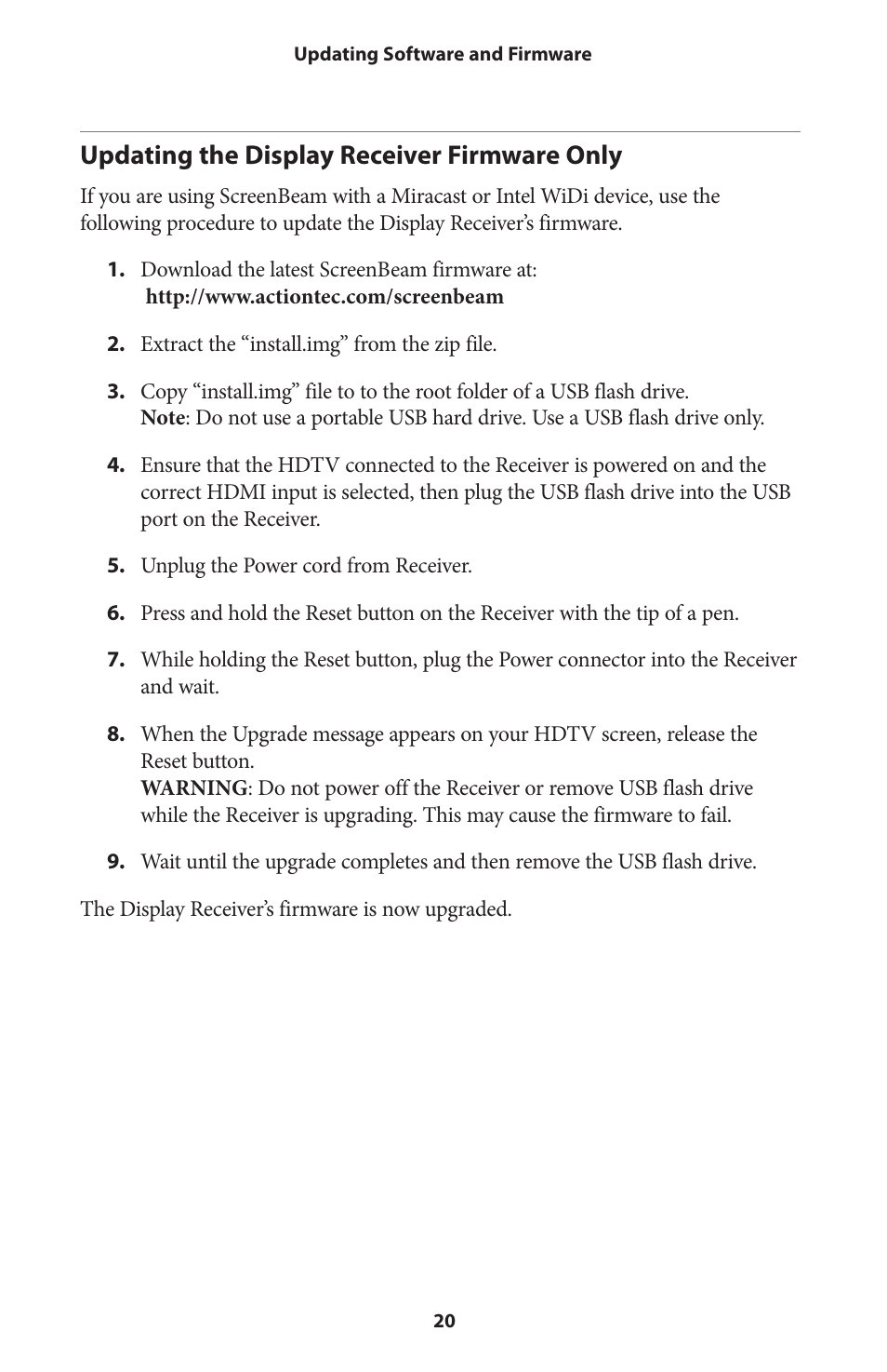 Updating the display receiver software only, Updating the display receiver firmware only | Actiontec SBWD100A, SBT100U User Manual User Manual | Page 22 / 31