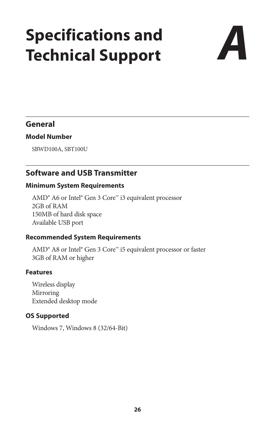 Specifications and technical support, General, Led indicators | Actiontec SBWD100A, SBT100U User Manual User Manual | Page 28 / 31