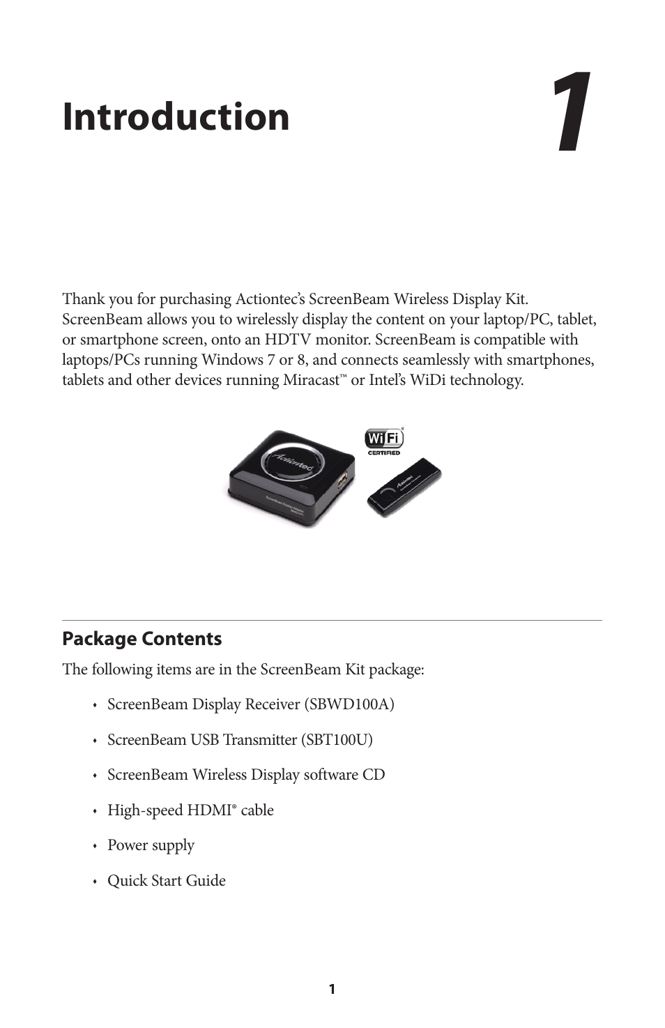 Introduction, Package contents, Introduction 1 | Actiontec SBWD100A, SBT100U User Manual User Manual | Page 3 / 31