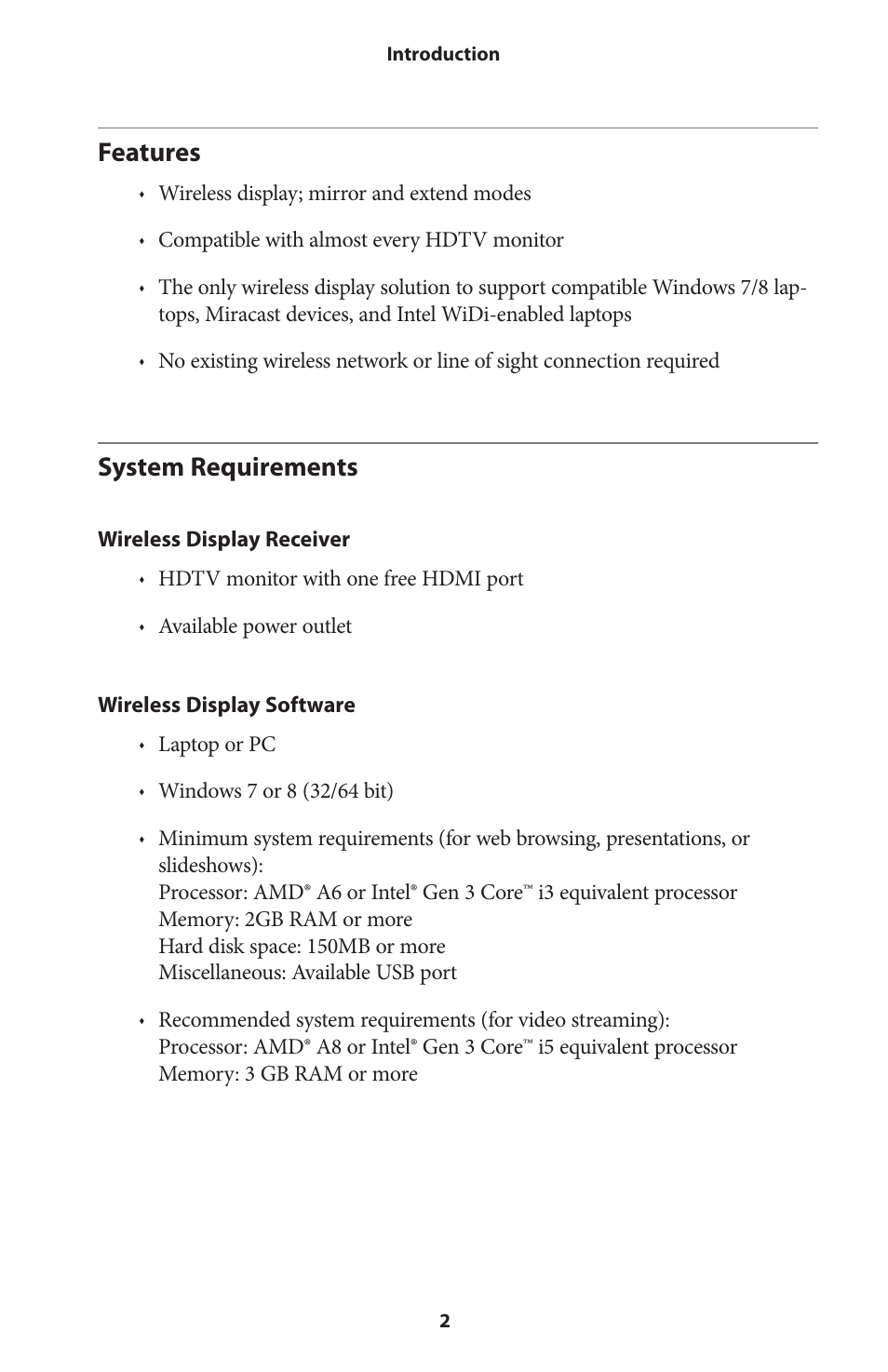Features, System requirements, Features 2 system requirements | Actiontec SBWD100A, SBT100U User Manual User Manual | Page 4 / 31