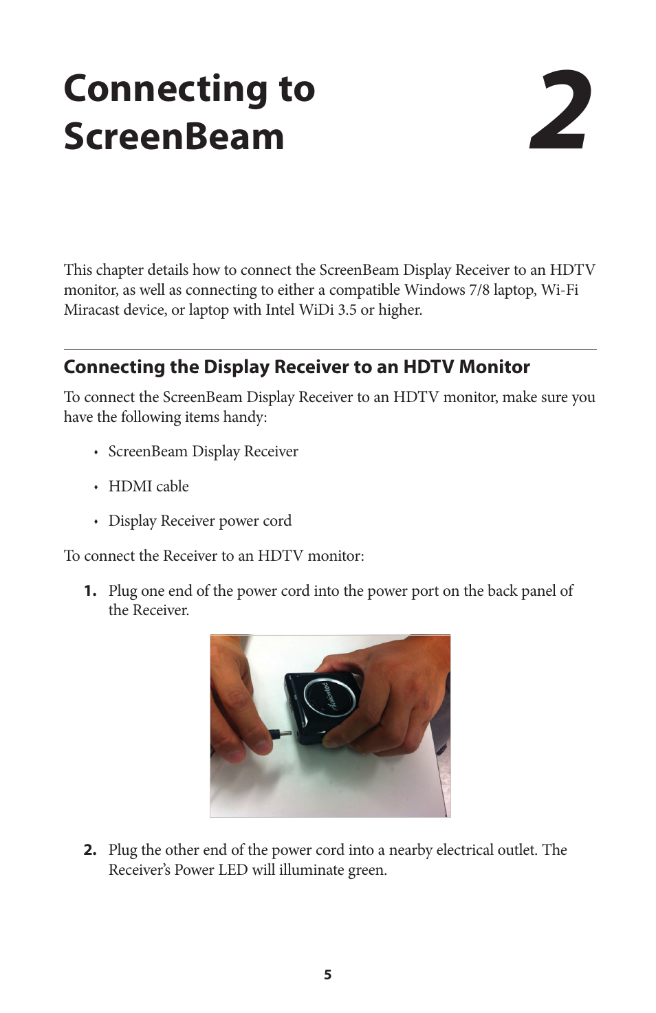 Connecting to screenbeam, Connecting the display receiver to an hdtv monitor, Connecting the display receiver | Actiontec SBWD100A, SBT100U User Manual User Manual | Page 7 / 31