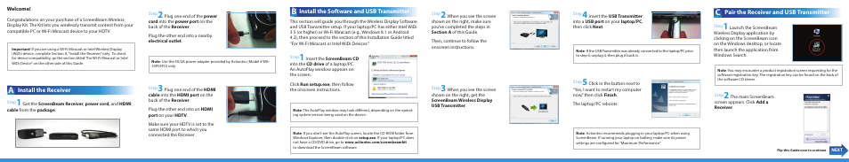 Install the receiver, Pair the receiver and usb transmitter, Install the software and usb transmitter | Actiontec SBWD100A, SBT100U Installation Guide User Manual | Page 2 / 2