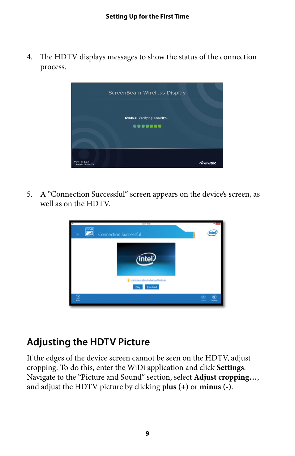 Adjusting the hdtv picture | Actiontec SBWD100A User Manual User Manual | Page 10 / 24