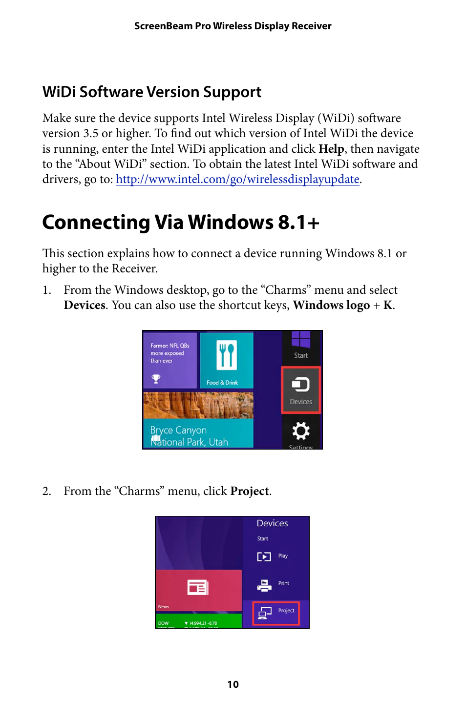 Connecting via windows 8.1+ 10, Connecting via windows 8.1, Widi software version support | Actiontec SBWD100A User Manual User Manual | Page 11 / 24