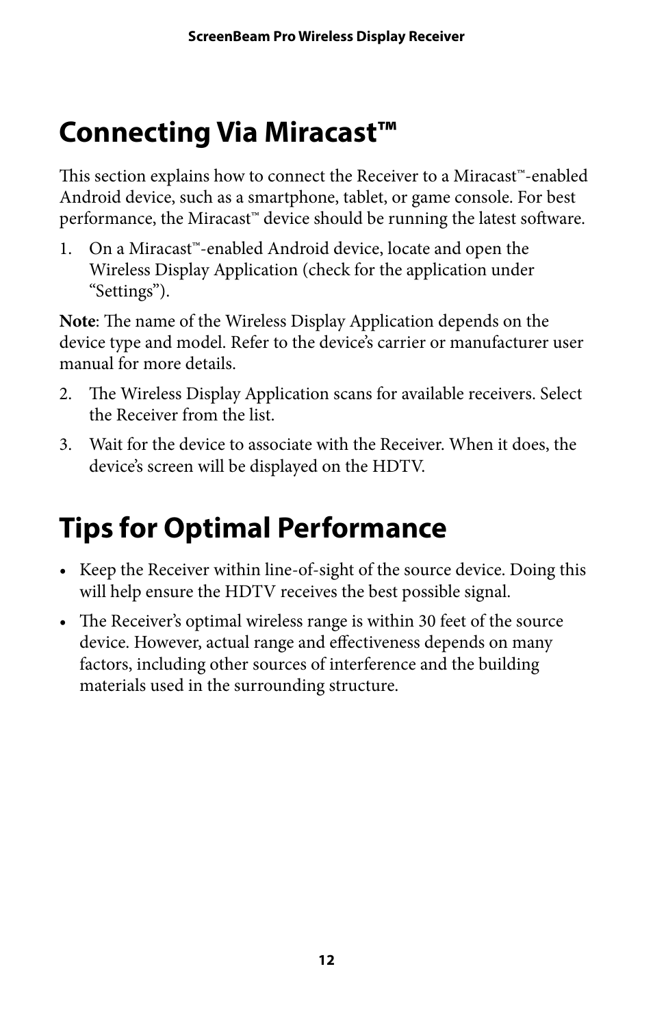 Connecting via miracast™ 12, Tips for optimal performance 12, Connecting via miracast | Tips for optimal performance | Actiontec SBWD100A User Manual User Manual | Page 13 / 24
