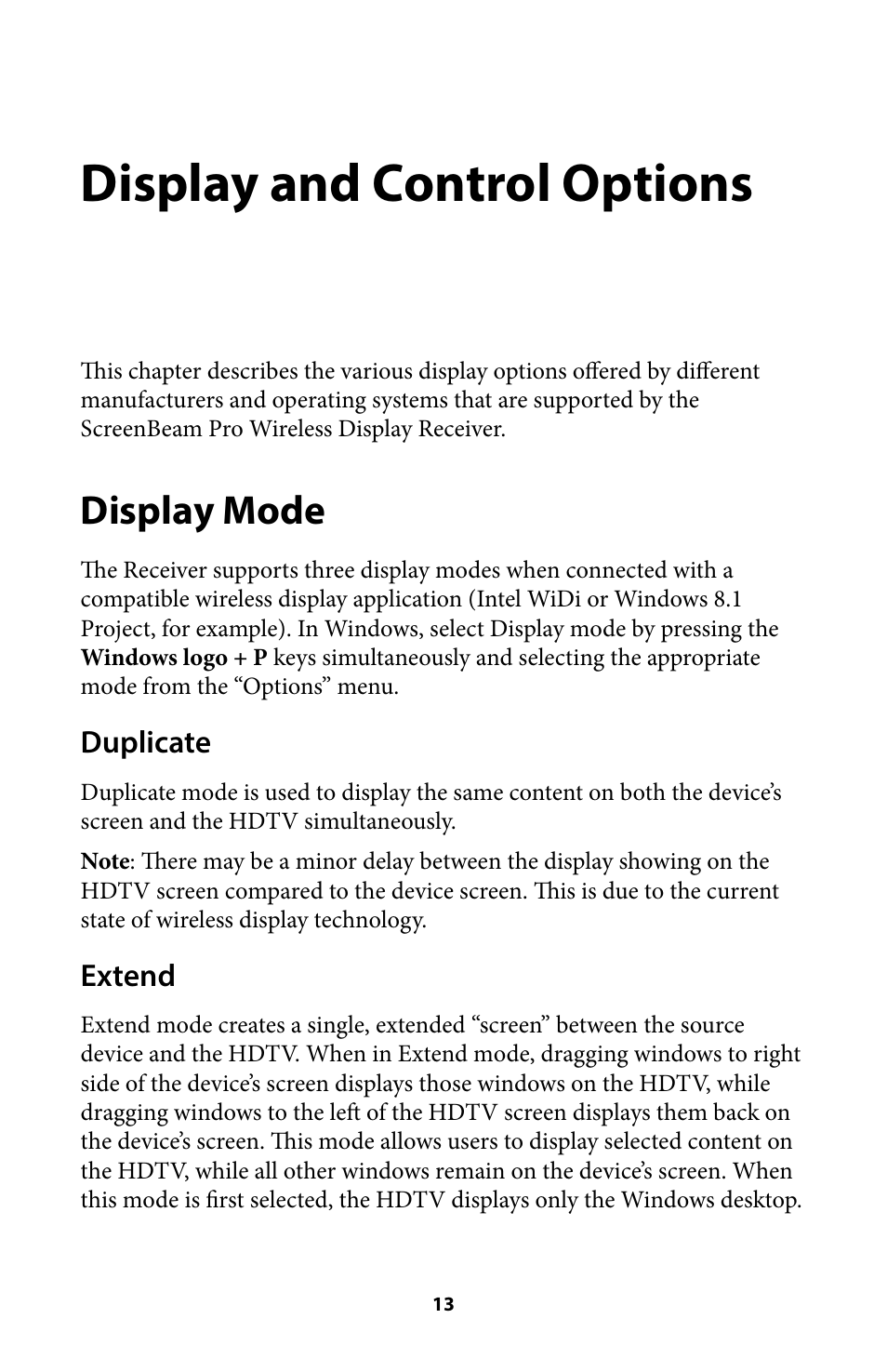 Display and control options 13, Display mode 13, Display and control options | Display mode, Duplicate, Extend | Actiontec SBWD100A User Manual User Manual | Page 14 / 24