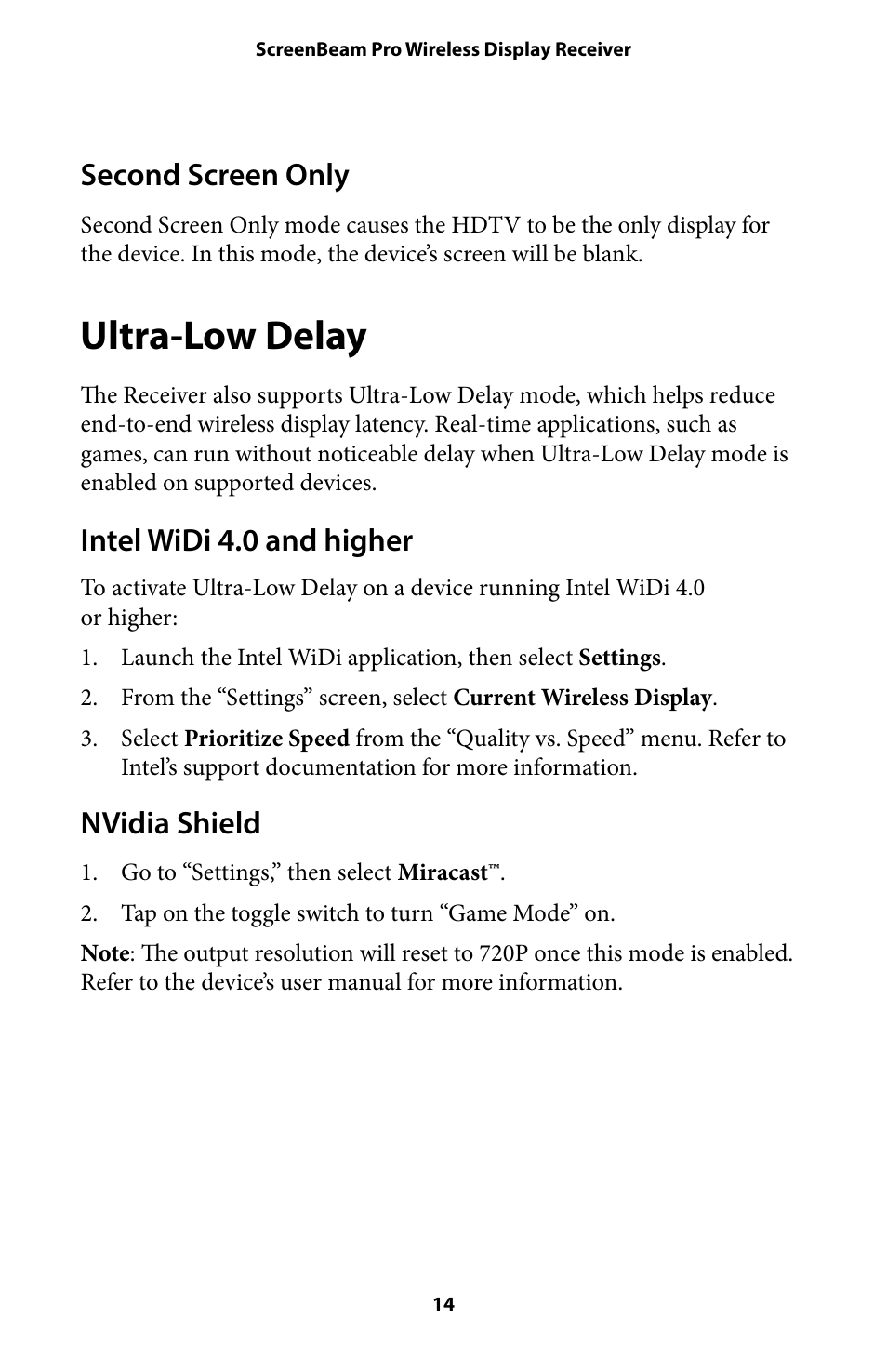 Ultra-low delay 14, Ultra-low delay, Second screen only | Intel widi 4.0 and higher, Nvidia shield | Actiontec SBWD100A User Manual User Manual | Page 15 / 24