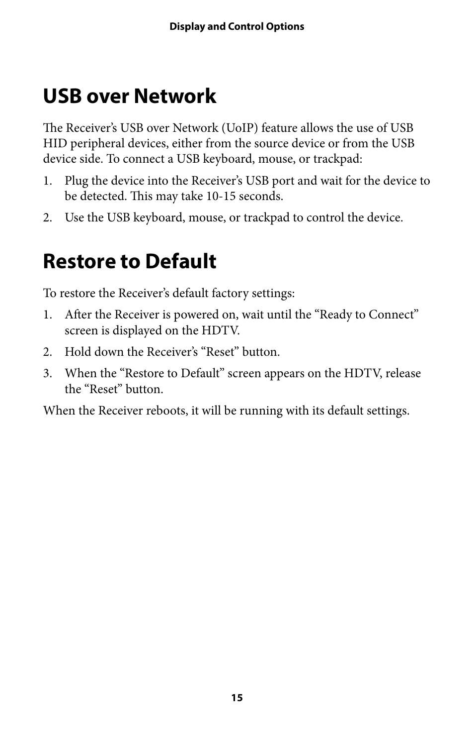 Usb over network 15, Restore to default 15, Usb over network | Restore to default | Actiontec SBWD100A User Manual User Manual | Page 16 / 24