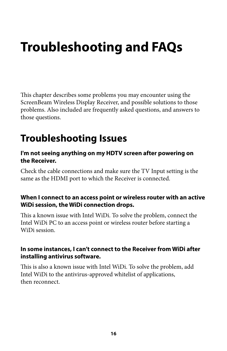 Troubleshooting and faqs 16, Troubleshooting issues 16, Troubleshooting and faqs | Troubleshooting issues | Actiontec SBWD100A User Manual User Manual | Page 17 / 24