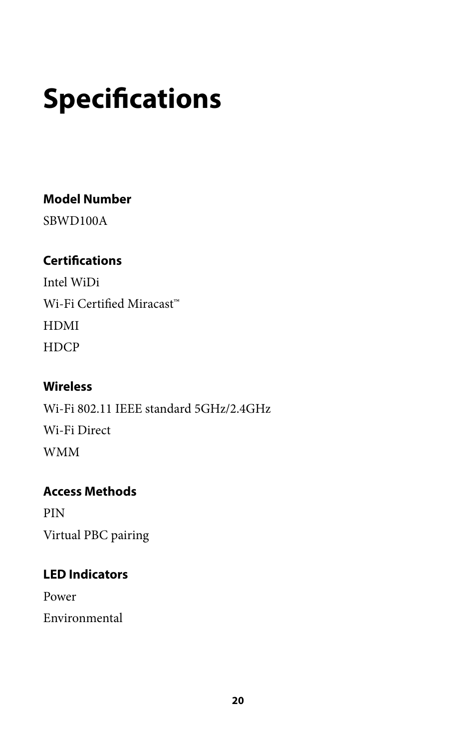 Specifications 20, Specifications | Actiontec SBWD100A User Manual User Manual | Page 21 / 24