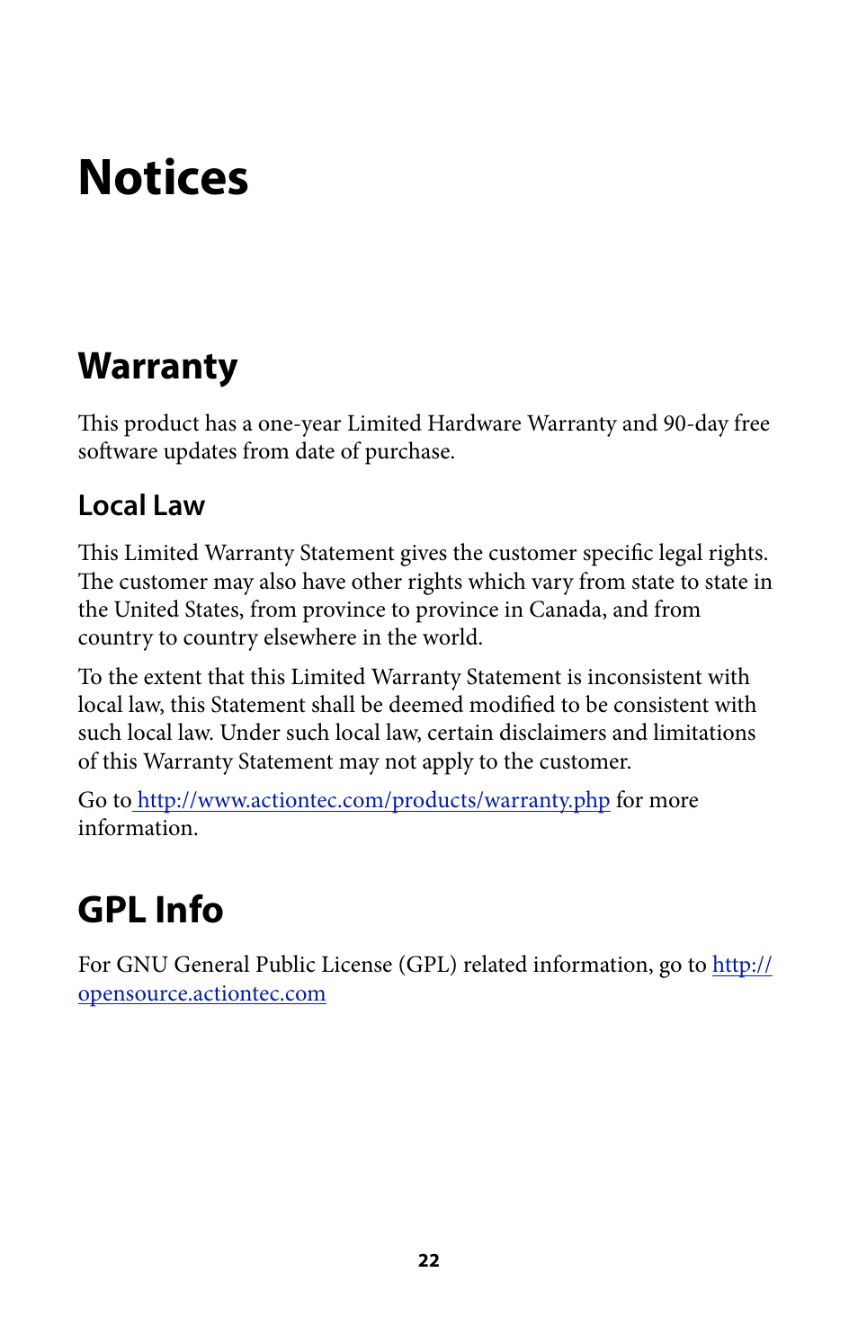 Notices 22, Warranty 22, Gpl info 22 | Notices, Warranty, Gpl info, Local law | Actiontec SBWD100A User Manual User Manual | Page 23 / 24