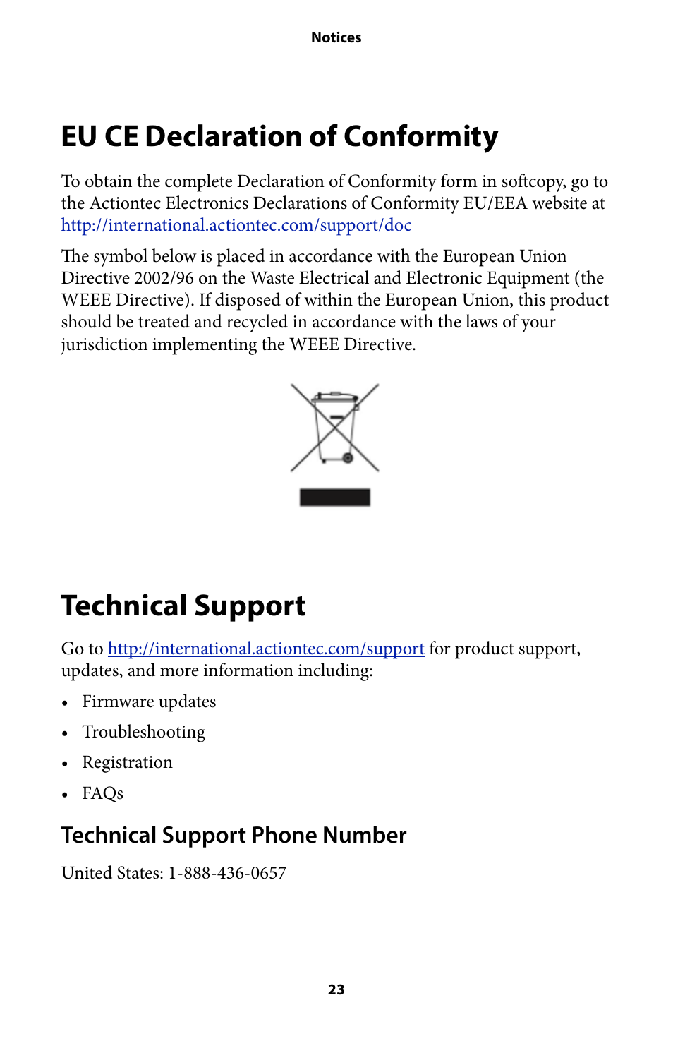 Eu ce declaration of conformity 23, Technical support 23, Eu ce declaration of conformity | Technical support, Technical support phone number | Actiontec SBWD100A User Manual User Manual | Page 24 / 24