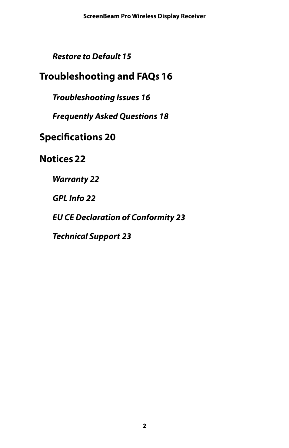Troubleshooting and faqs 16, Specifications 20 notices 22 | Actiontec SBWD100A User Manual User Manual | Page 3 / 24