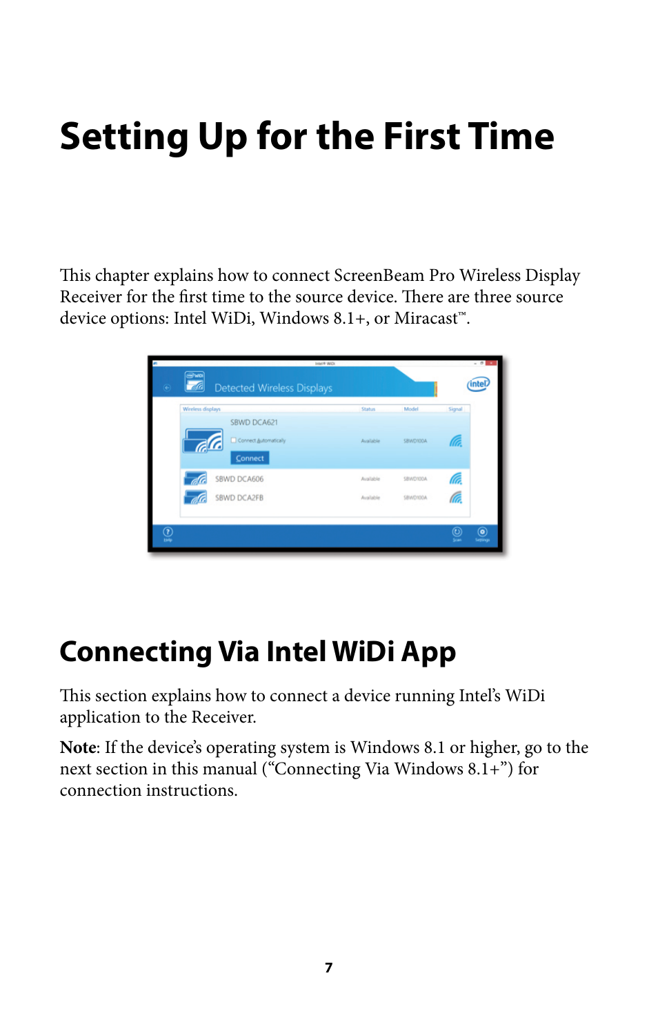 Setting up for the first time 7, Connecting via intel widi app 7, Setting up for the first time | Connecting via intel widi app | Actiontec SBWD100A User Manual User Manual | Page 8 / 24