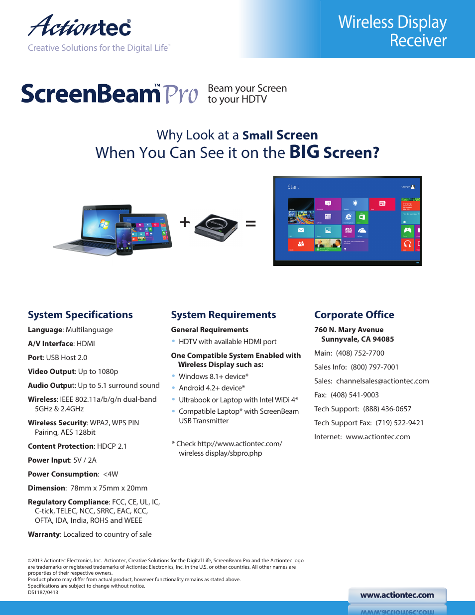 Wireless display receiver, When you can see it on the, Why look at a | Screen, Small | Actiontec SBWD100A Datasheet User Manual | Page 2 / 2