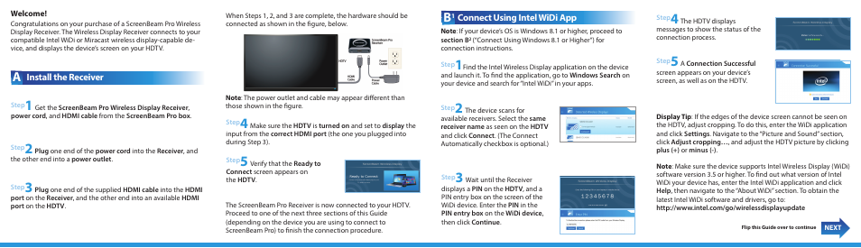 Install the receiver, Connect using intel widi app | Actiontec SBWD100A Installation Guide User Manual | Page 2 / 2