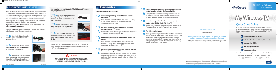 Mywirelesstv, Quick start guide, Multi-room wireless hd receiver | Actiontec MWTV200R Installation Guide User Manual | Page 2 / 2