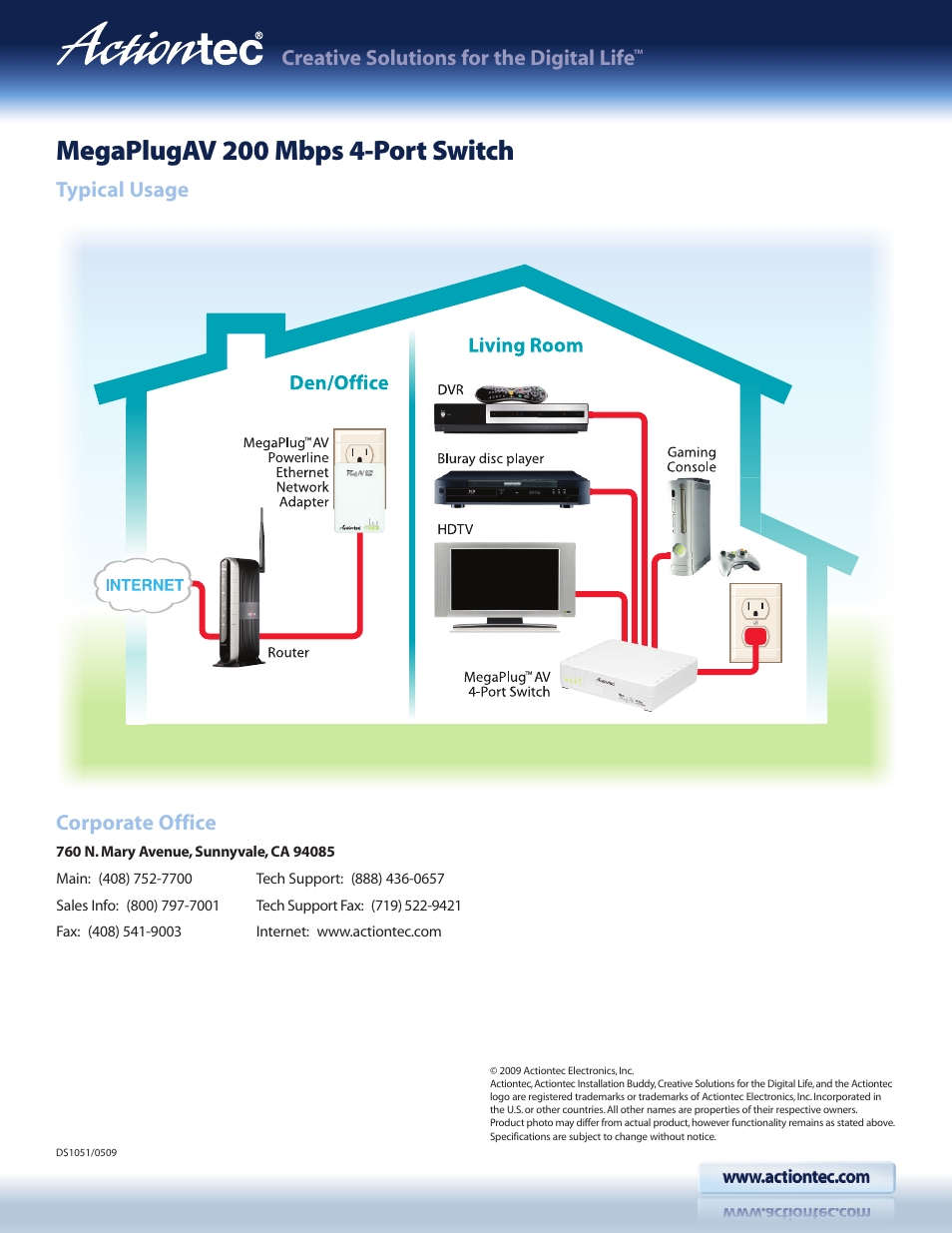 Megaplugav 200 mbps 4-port switch, Creative solutions for the digital life, Typical usage | Corporate office | Actiontec HPE400AVP User Manual | Page 2 / 2