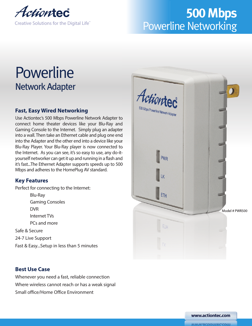 Actiontec PWR500 Kit Datasheet User Manual | 2 pages