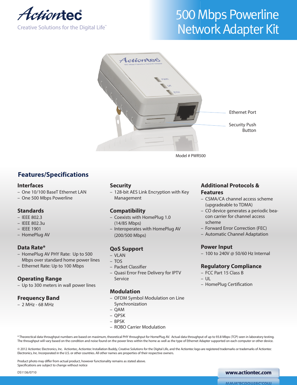 500 mbps powerline network adapter kit, Features/specifications | Actiontec PWR500 Kit Datasheet User Manual | Page 2 / 2