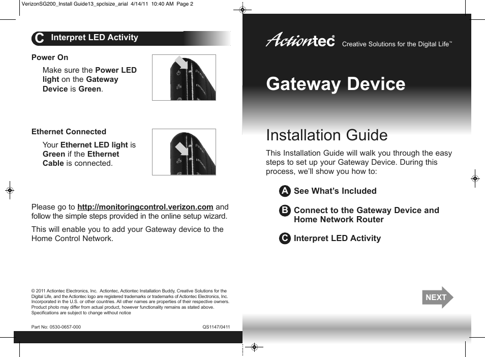 Gateway device, Installation guide | Actiontec SG200 Installation Guide User Manual | Page 2 / 2