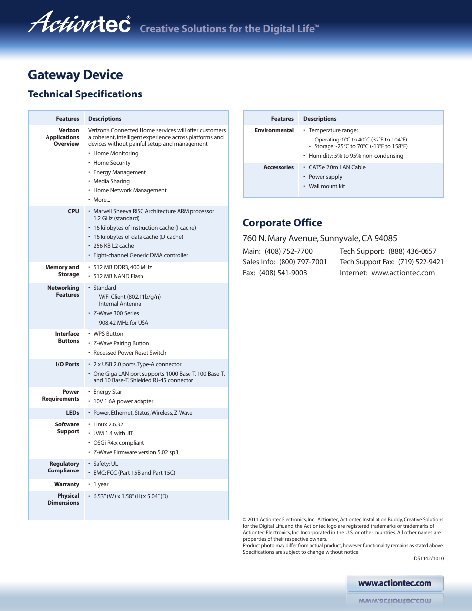 Gateway device, Creative solutions for the digital life, Technical specifications | Corporate office | Actiontec SG200 Datasheet User Manual | Page 2 / 2