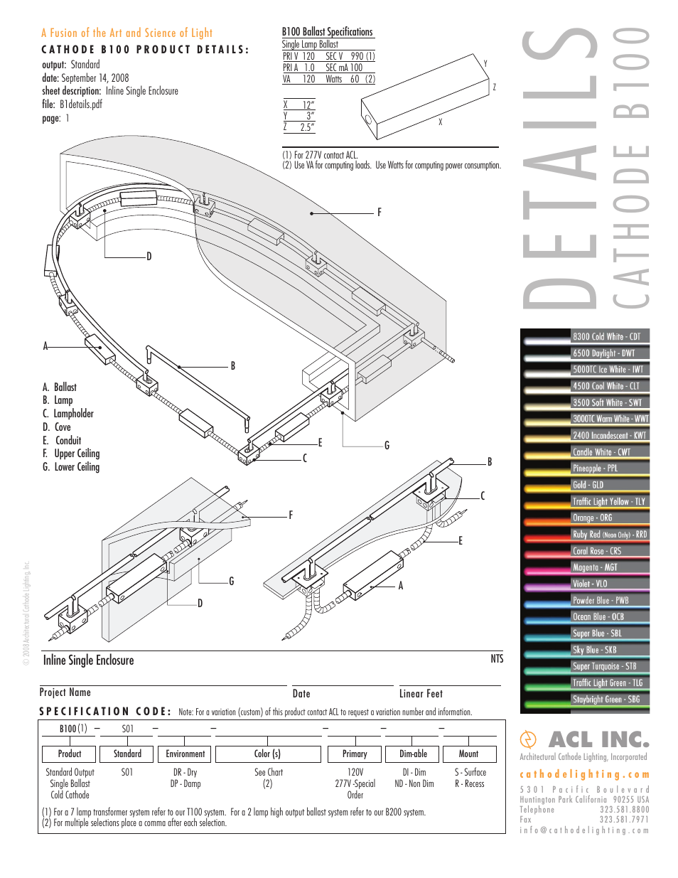 ACL Cathode B100 Details/Specs User Manual | 5 pages