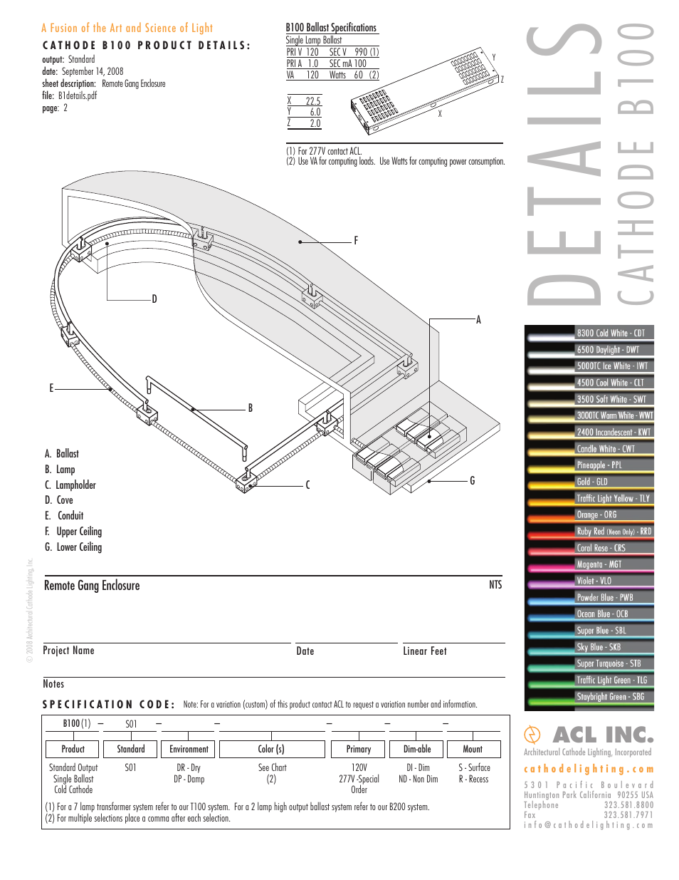 De ta il s, Ca th od e b1 00, Acl inc | ACL Cathode B100 Details/Specs User Manual | Page 2 / 5