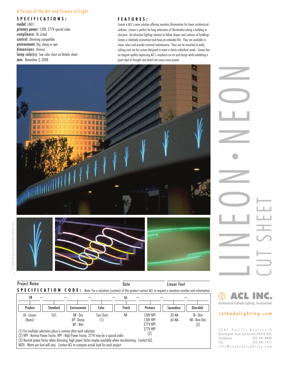 ACL Lineon Neon Cut Sheet User Manual | 1 page
