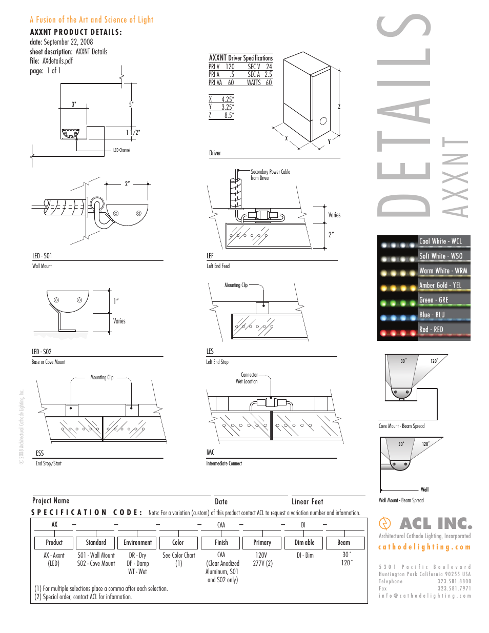 ACL Axxnt LED Details/Specs User Manual | 1 page