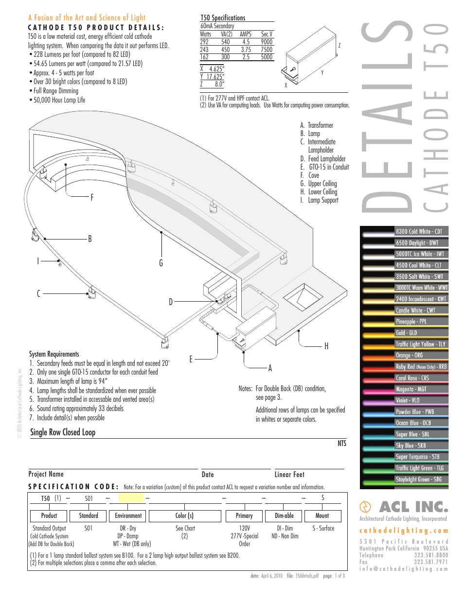 ACL Cathode T50 Details/Specs User Manual | 3 pages