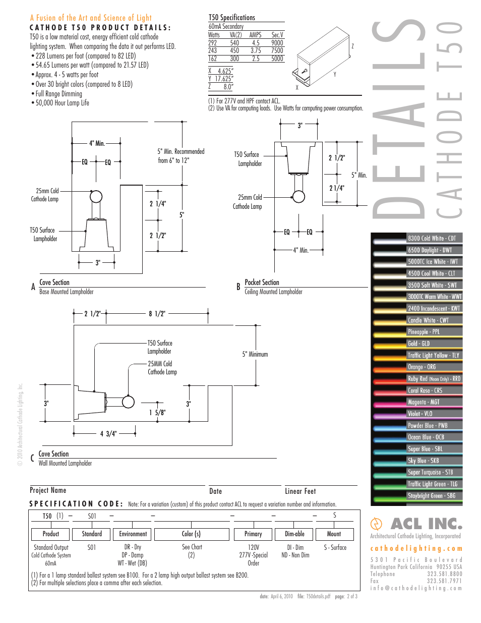 De ta il s, Ca th o de t 50, Acl inc | ACL Cathode T50 Details/Specs User Manual | Page 2 / 3