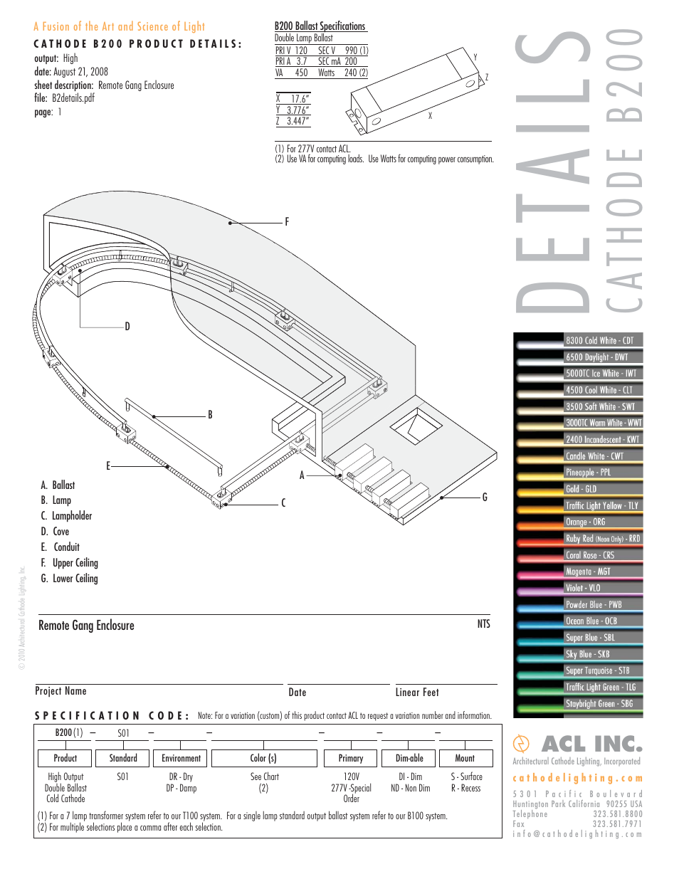 ACL Cathode B200 Details/Specs User Manual | 4 pages