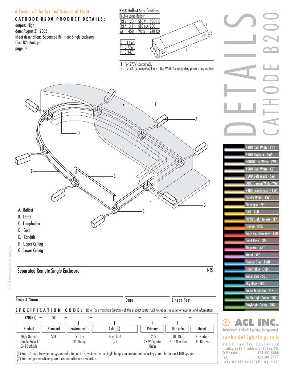 Det ail s, Cathode b200, Acl inc | ACL Cathode B200 Details/Specs User Manual | Page 2 / 4