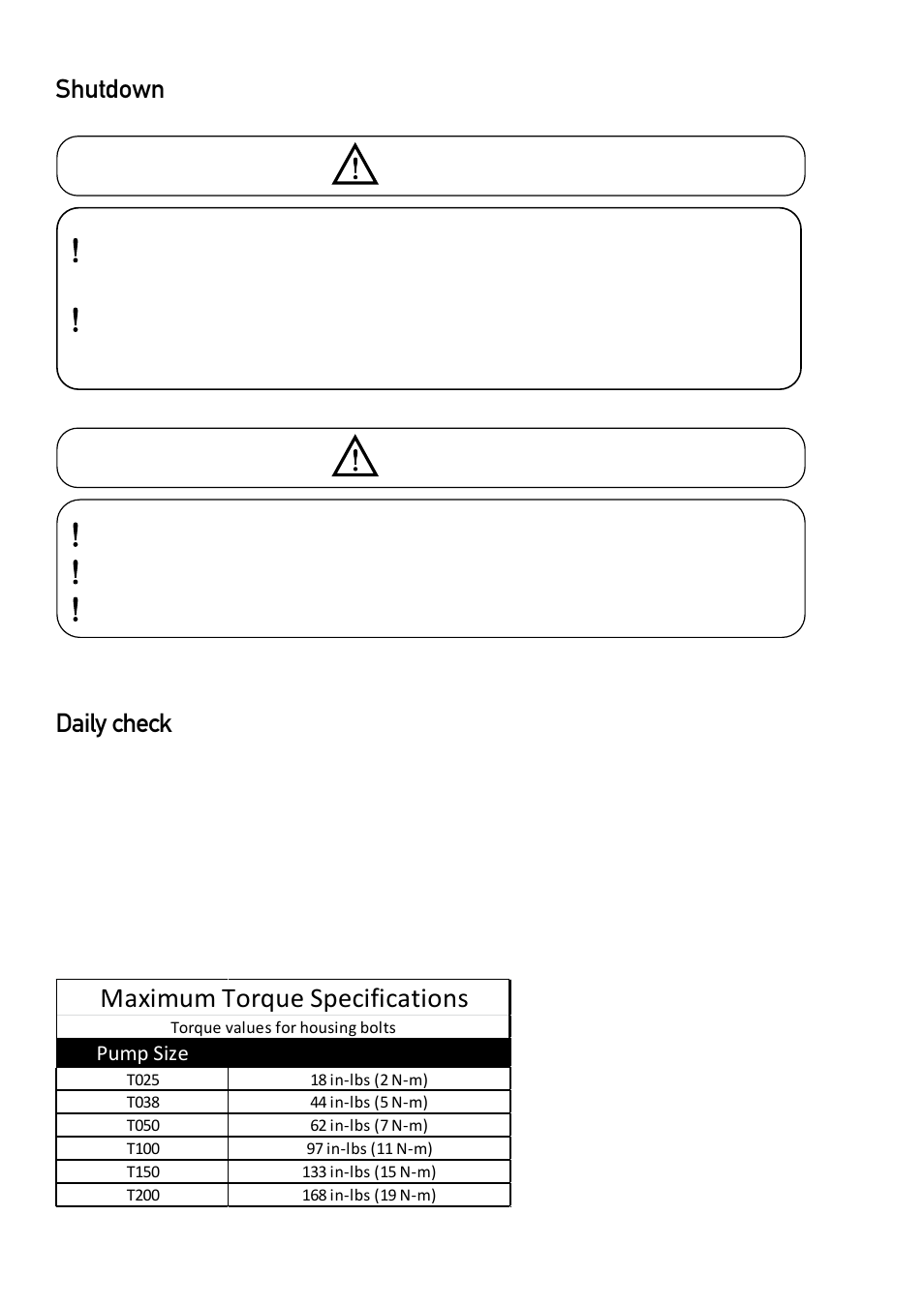 Shutdown, Daily check, Maximum torque specifications | Caution | All-Flo T038-NHT-PTTT-000 3/8 PTFE User Manual | Page 13 / 21