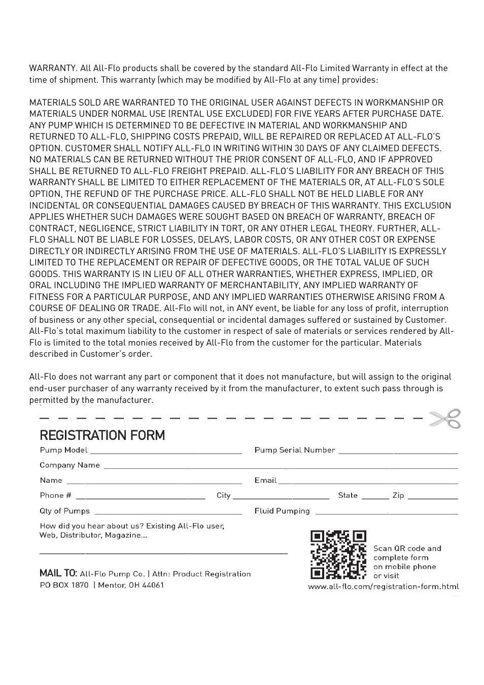 Warranty, Warranty and registration | All-Flo T038-NHT-PTTT-000 3/8 PTFE User Manual | Page 20 / 21