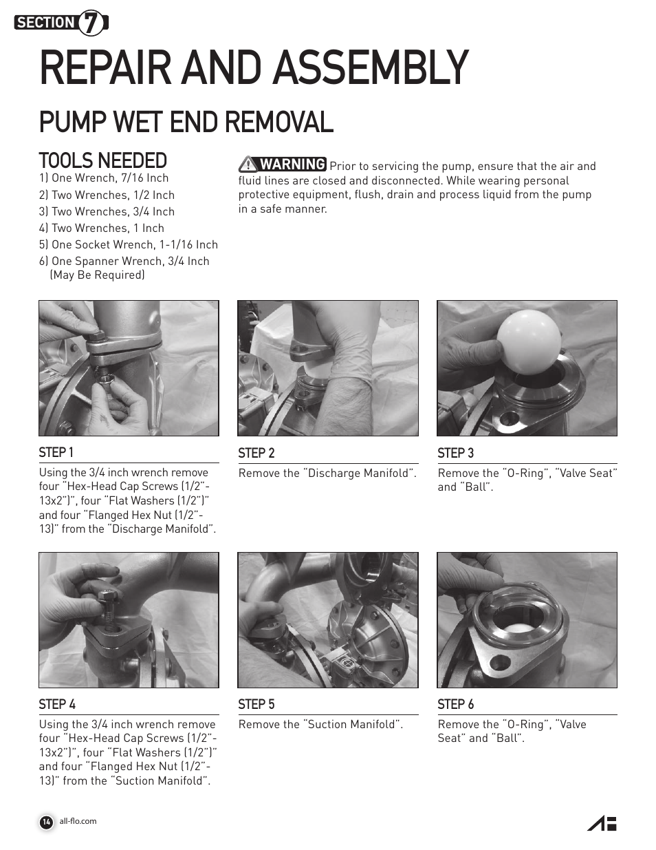 Repair and assembly, Pump wet end removal, Tools needed | All-Flo A200-NAA-VVYV-000 2 Aluminum User Manual | Page 14 / 36