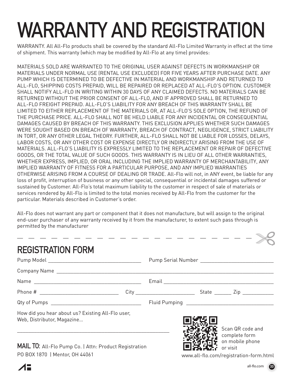 Warranty and registration, Registration form, Mail to | All-Flo A200-NAA-VVYV-000 2 Aluminum User Manual | Page 33 / 36