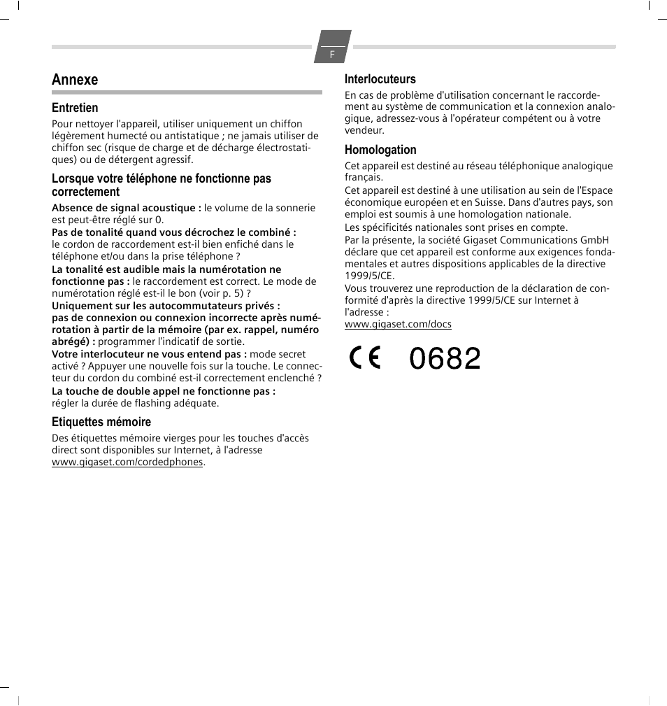 Annexe, Entretien, Etiquettes mémoire | Interlocuteurs, Homologation | GIGASET COMMUNICATIONS GMBH 5015 User Manual | Page 17 / 38