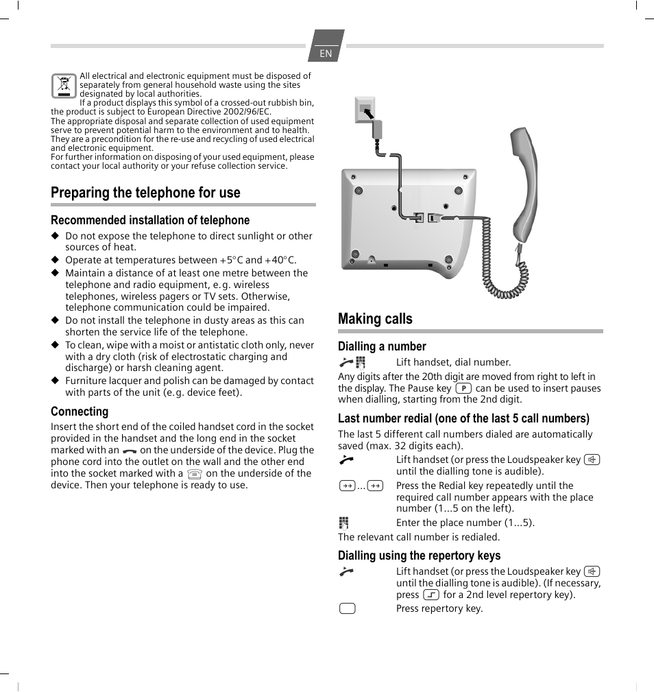 Preparing the telephone for use, Recommended installation of telephone, Connecting | Making calls, Dialling a number, Dialling using the repertory keys | GIGASET COMMUNICATIONS GMBH 5015 User Manual | Page 2 / 38