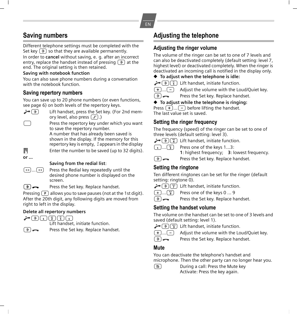 Saving numbers, Saving repertory numbers, Adjusting the telephone | Adjusting the ringer volume, Setting the ringer frequency, Setting the ringtone, Setting the handset volume, Mute | GIGASET COMMUNICATIONS GMBH 5015 User Manual | Page 3 / 38