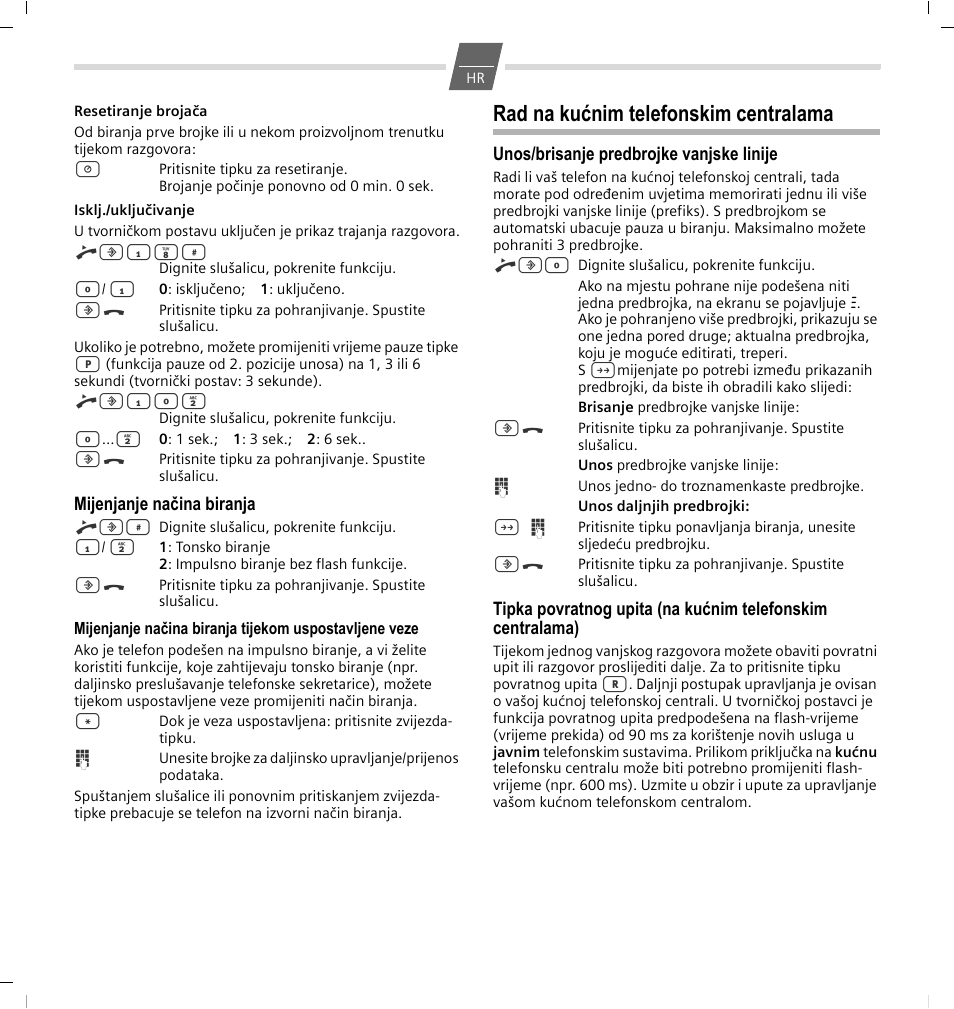 Mijenjanje načina biranja, Rad na kućnim telefonskim centralama, Unos/brisanje predbrojke vanjske linije | GIGASET COMMUNICATIONS GMBH 5015 User Manual | Page 31 / 38
