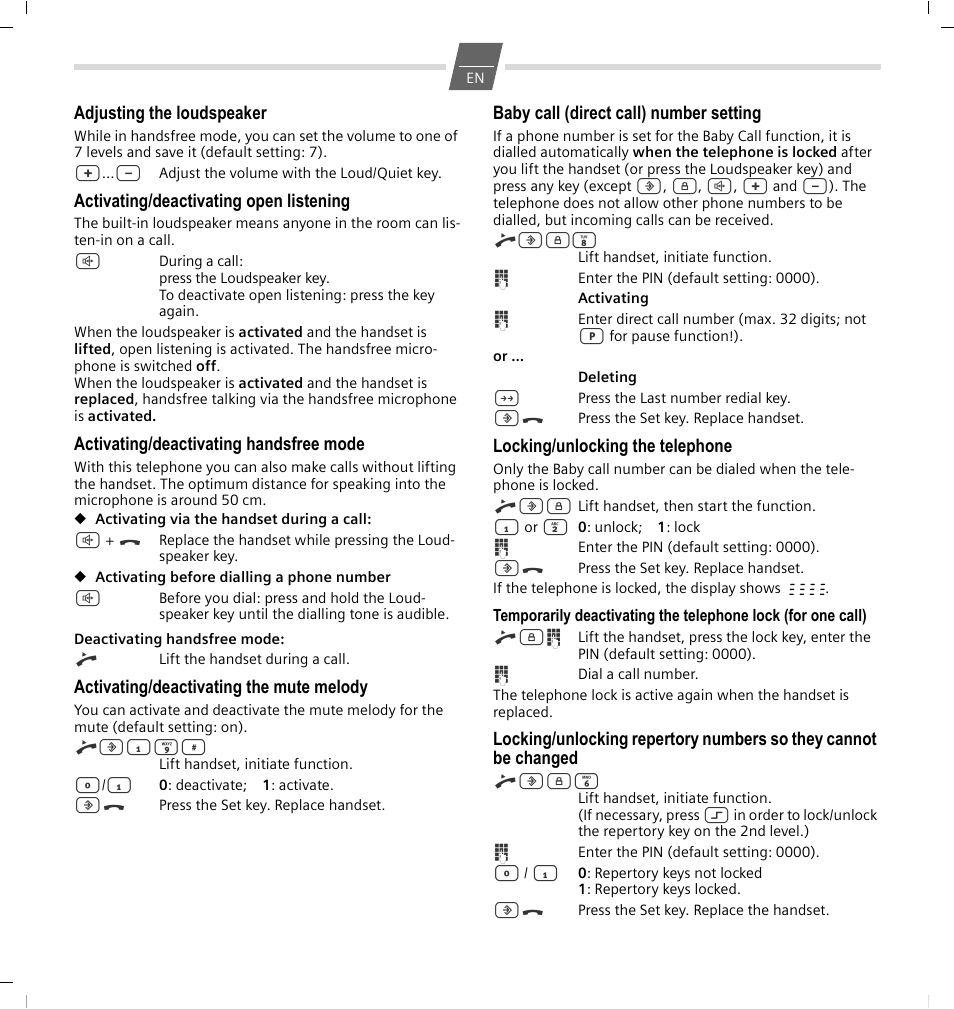 Adjusting the loudspeaker, Activating/deactivating open listening, Activating/deactivating handsfree mode | Activating/deactivating the mute melody, Baby call (direct call) number setting, Locking/unlocking the telephone | GIGASET COMMUNICATIONS GMBH 5015 User Manual | Page 4 / 38