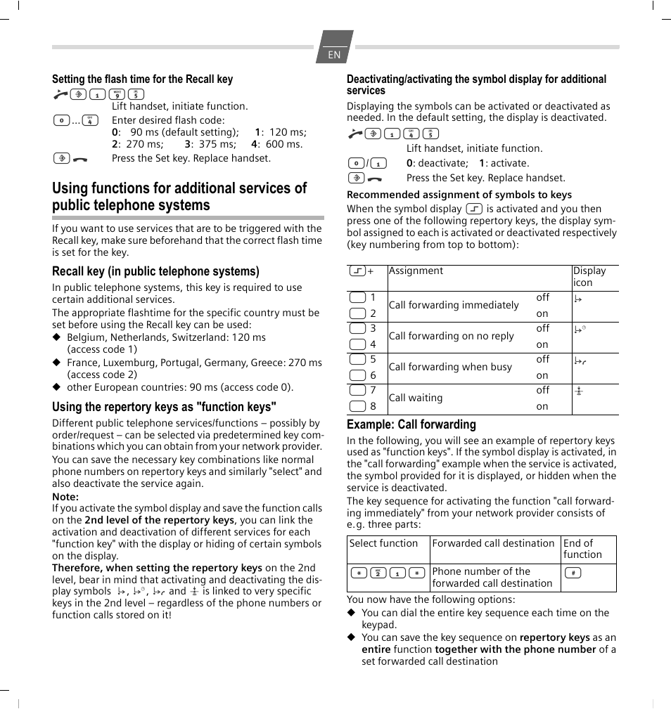 Setting the flash time for the recall key, Recall key (in public telephone systems), Using the repertory keys as "function keys | Example: call forwarding | GIGASET COMMUNICATIONS GMBH 5015 User Manual | Page 6 / 38
