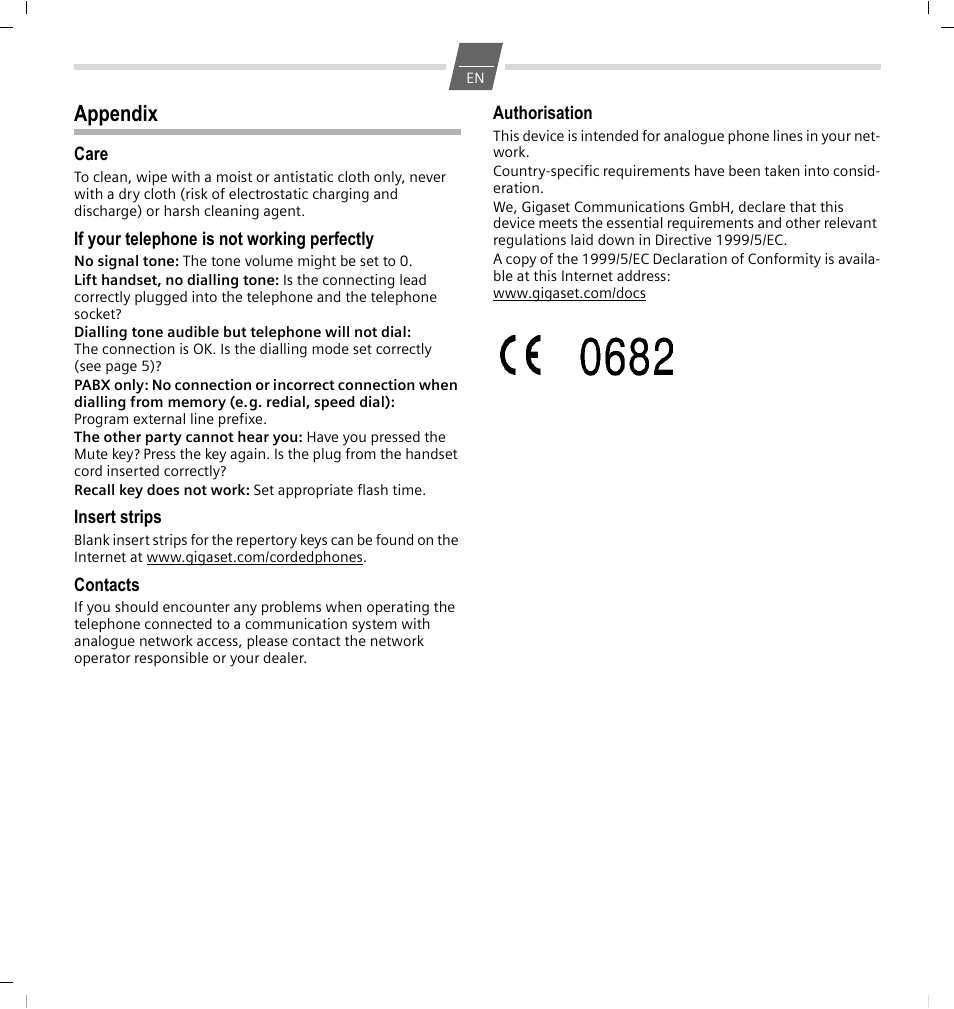 Appendix, Care, If your telephone is not working perfectly | Insert strips, Contacts, Authorisation | GIGASET COMMUNICATIONS GMBH 5015 User Manual | Page 8 / 38