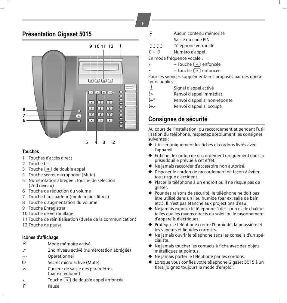 Présentation gigaset 5015, Touches, Icônes d'affichage | Consignes de sécurité | GIGASET COMMUNICATIONS GMBH 5015 User Manual | Page 9 / 38