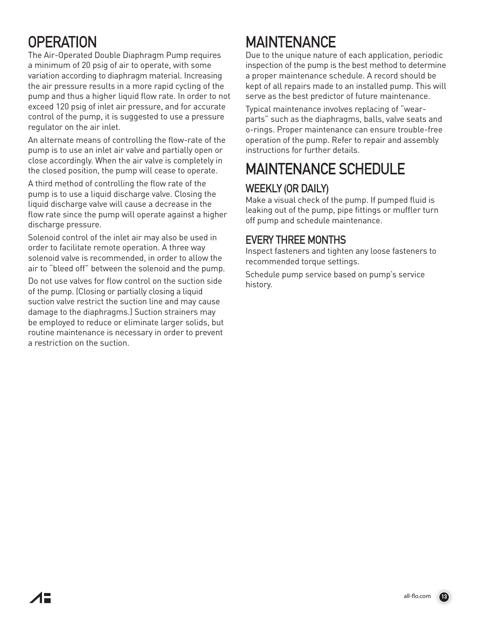 Operation, Maintenance, Maintenance schedule | Weekly (or daily), Every three months | All-Flo A050 Series 1/2 Aluminum User Manual | Page 13 / 28