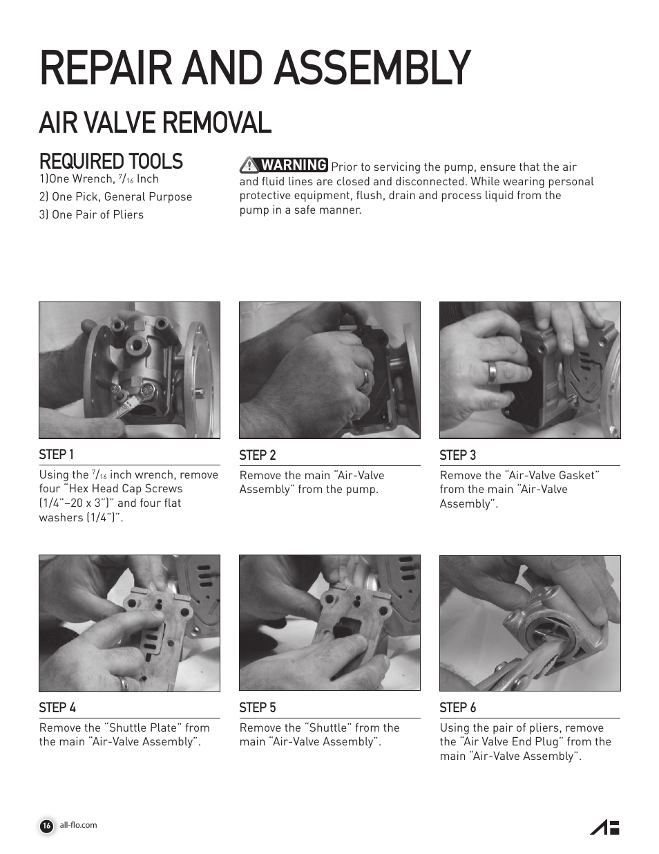 Repair and assembly, Air valve removal, Required tools | Warning | All-Flo A050 Series 1/2 Aluminum User Manual | Page 16 / 28